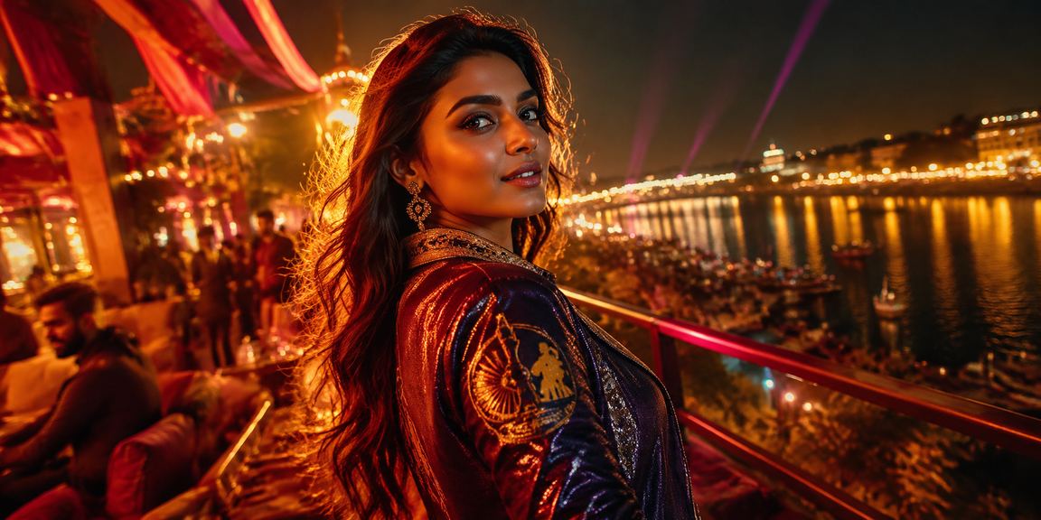 Ahmedabad riverfront cricket betting scene with Bollywood theme